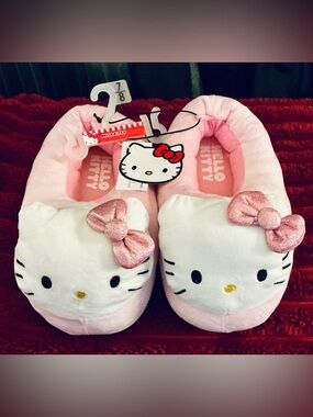 Hello Kitty Pink and White Plush Slippers with Glitter Bows